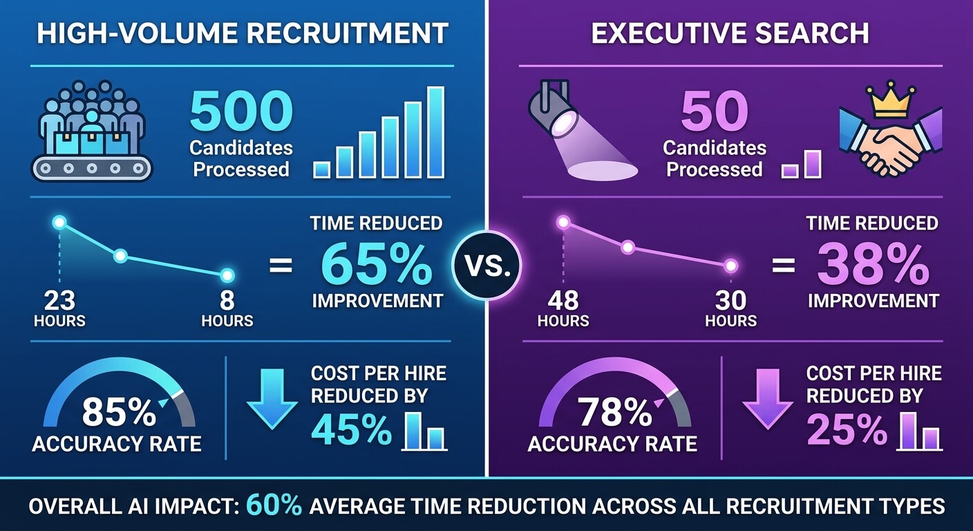 Infographic comparing high-volume recruitment and executive search, showing candidates processed, time reduced, accuracy rate and cost per hire for each