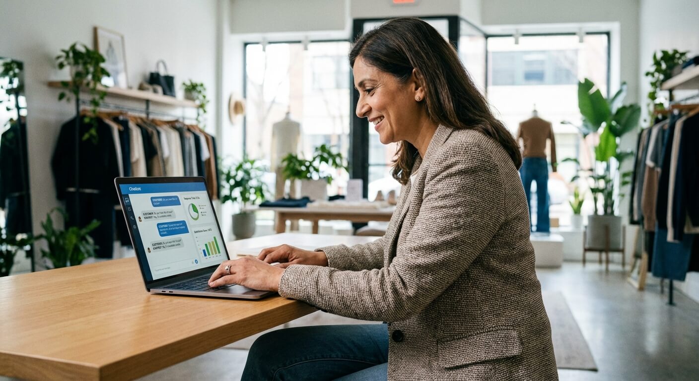 Boutique owner smiling while checking an AI chatbot conversation dashboard on her laptop in the shop