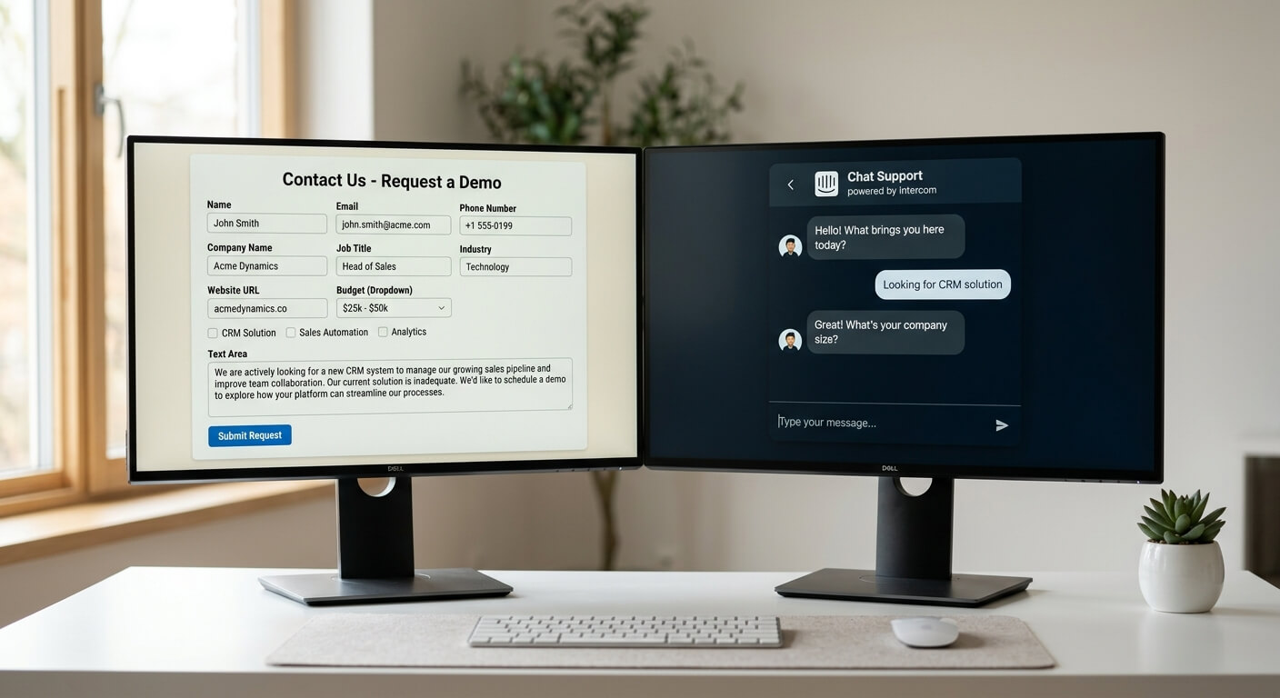 Two monitors side by side, one showing a lengthy website contact form and the other a short chatbot conversation collecting the same details