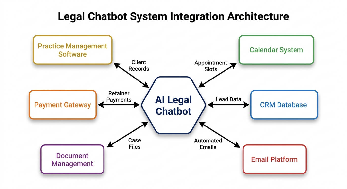 Diagram of the AI legal chatbot integration architecture, connecting practice management software, payment gateway, document management, calendar system, CRM database and email platform