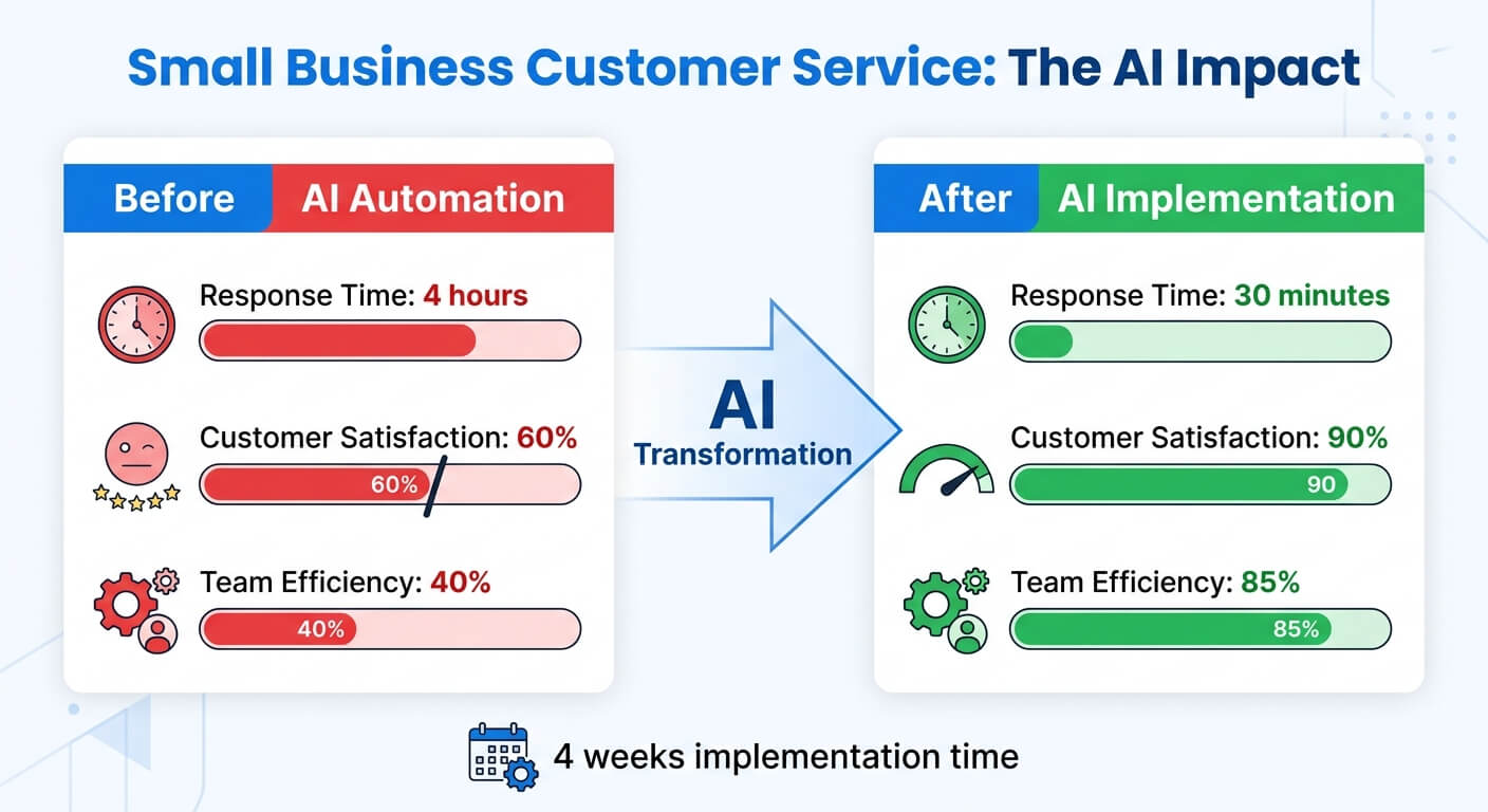 Infographic comparing customer service metrics before and after AI automation, covering response time, customer satisfaction and team efficiency