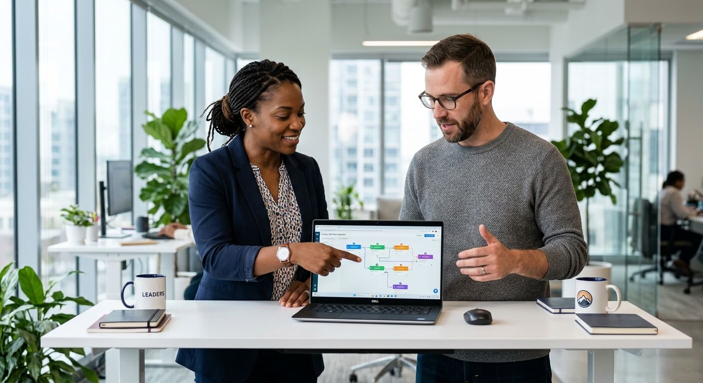 Two colleagues at a standing desk reviewing an automation workflow diagram on a laptop screen