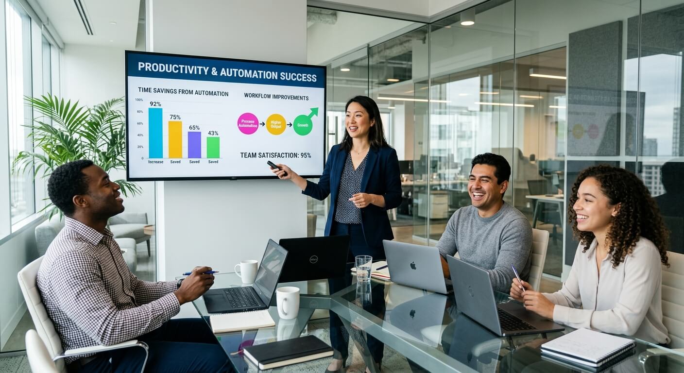 Presenter showing colleagues a productivity and automation results dashboard on a meeting room screen, with a time savings bar chart and a workflow improvement diagram