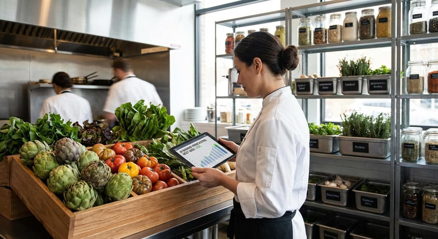 Restaurant manager reviewing AI forecasting predictions on tablet with fresh ingredients and inventory
