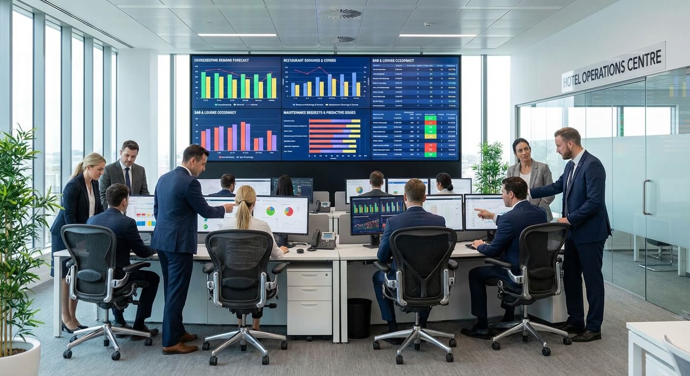 Hotel operations dashboard showing integrated AI demand forecasting across multiple departments