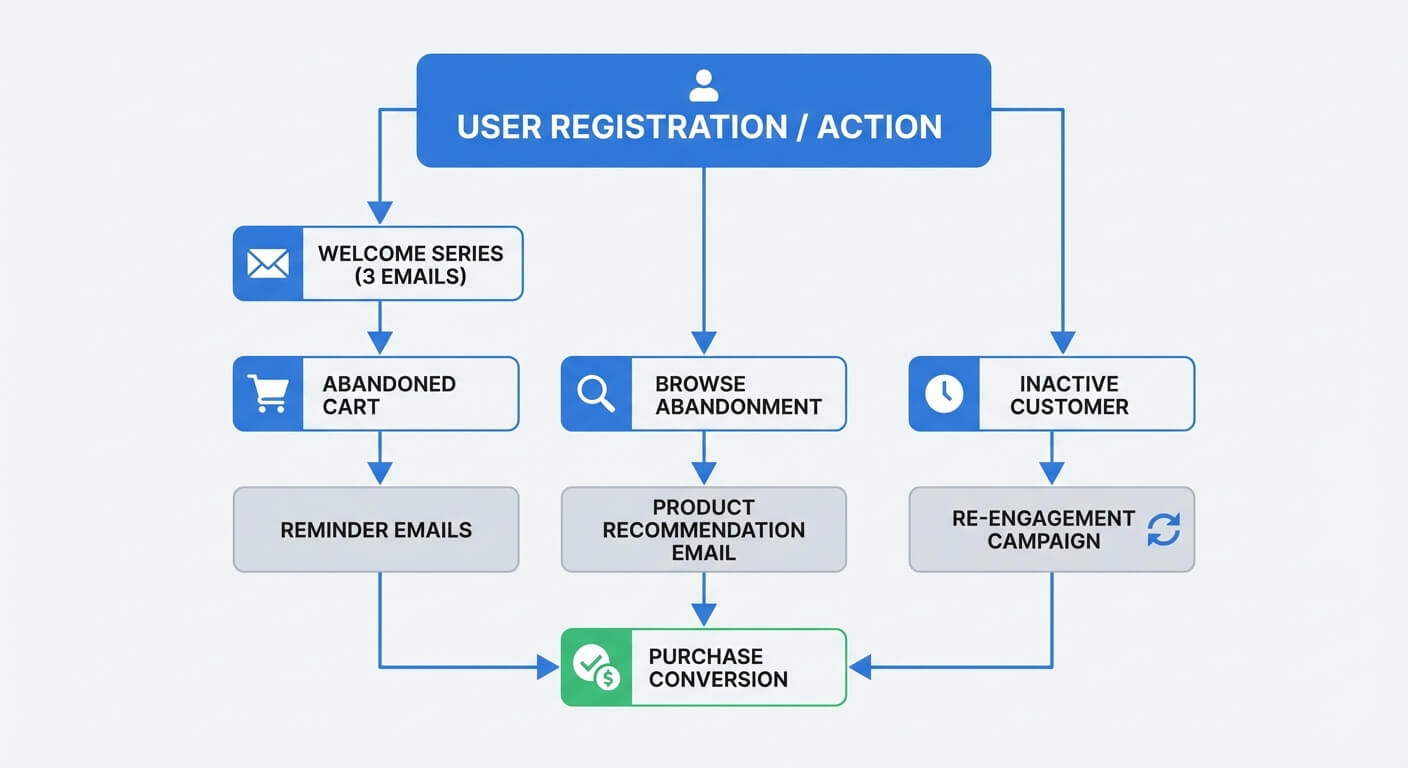 Flowchart showing three automated email paths, welcome series, browse abandonment and inactive customer, all converging on purchase conversion