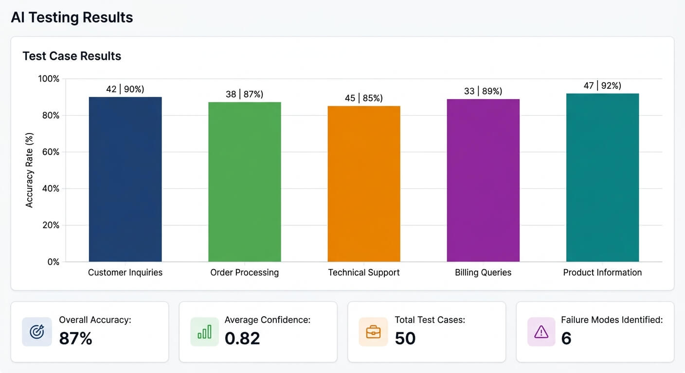 Bar chart of AI testing accuracy rates across five categories: customer inquiries, order processing, technical support, billing queries and product information