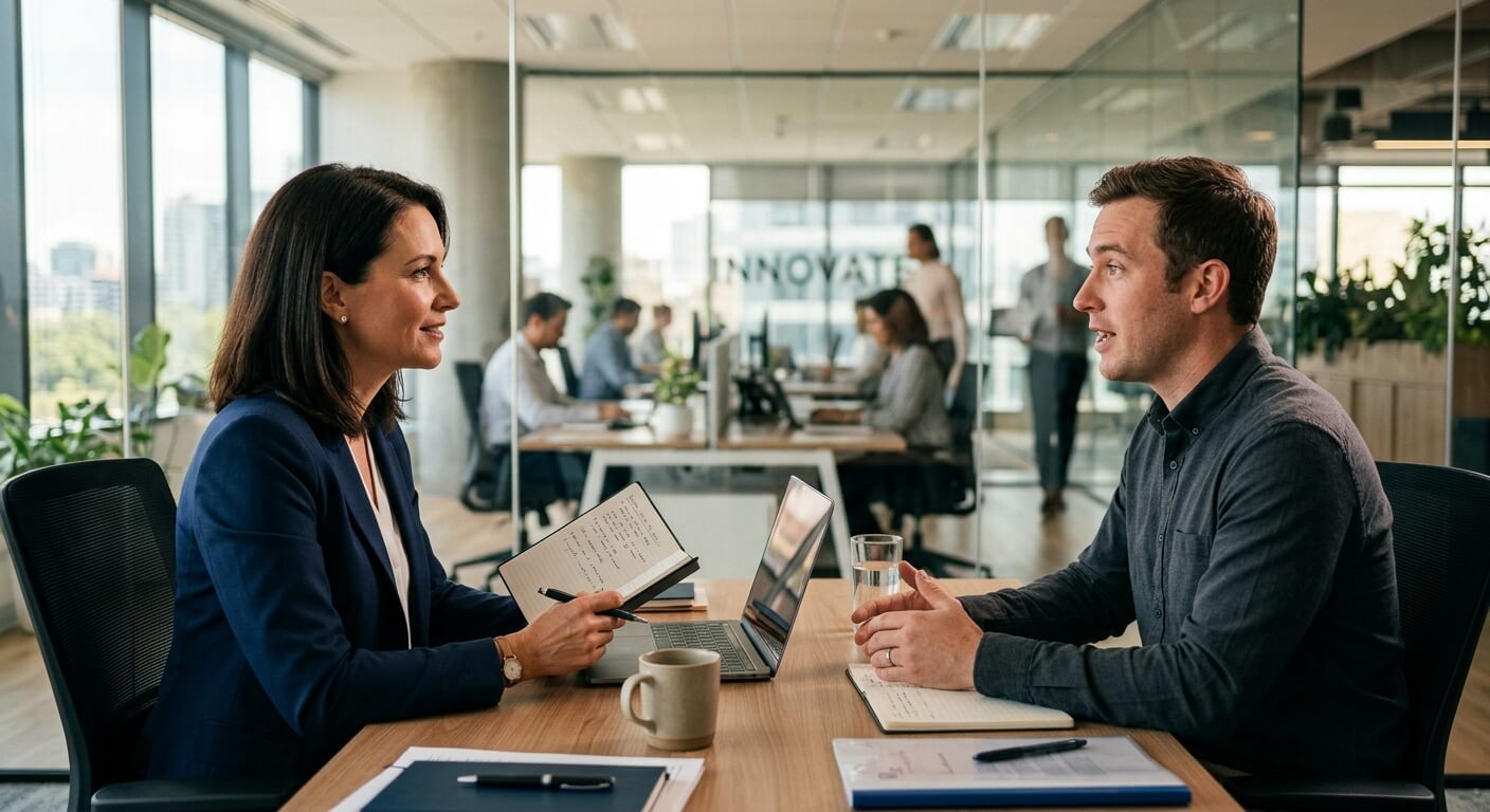 Two colleagues talking across a desk, one taking notes in a notebook beside an open laptop