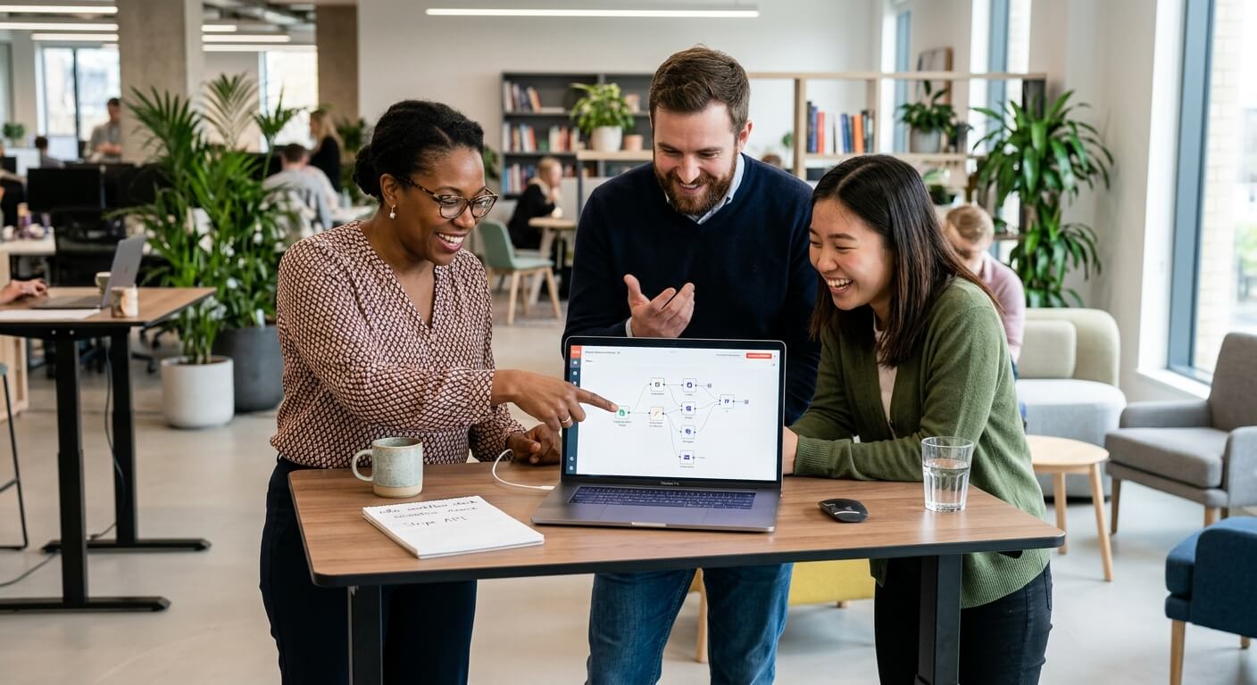 Three colleagues gathered around a laptop, smiling as they review a workflow diagram on screen