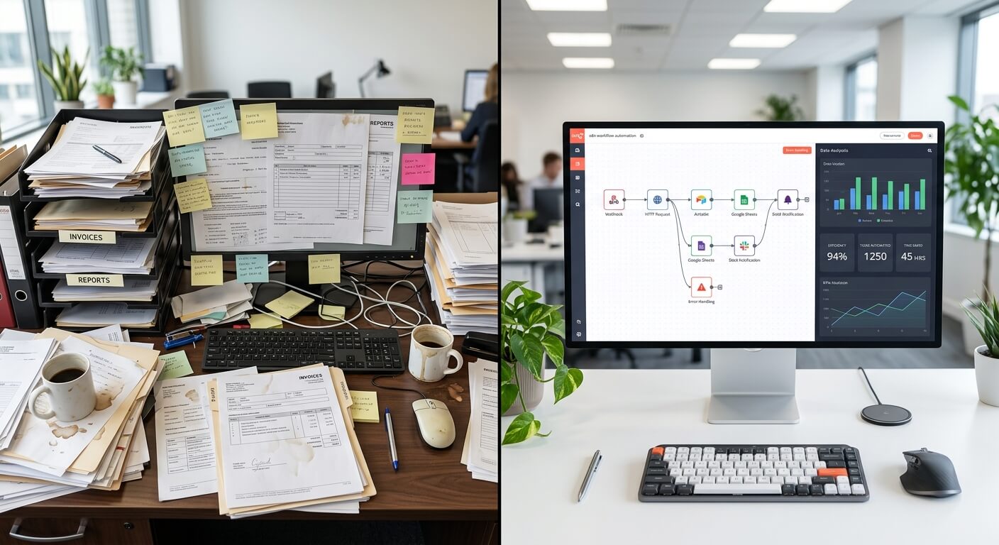 Split-screen comparison of a cluttered paper-based desk against a clean automation dashboard showing efficiency and time-saved metrics