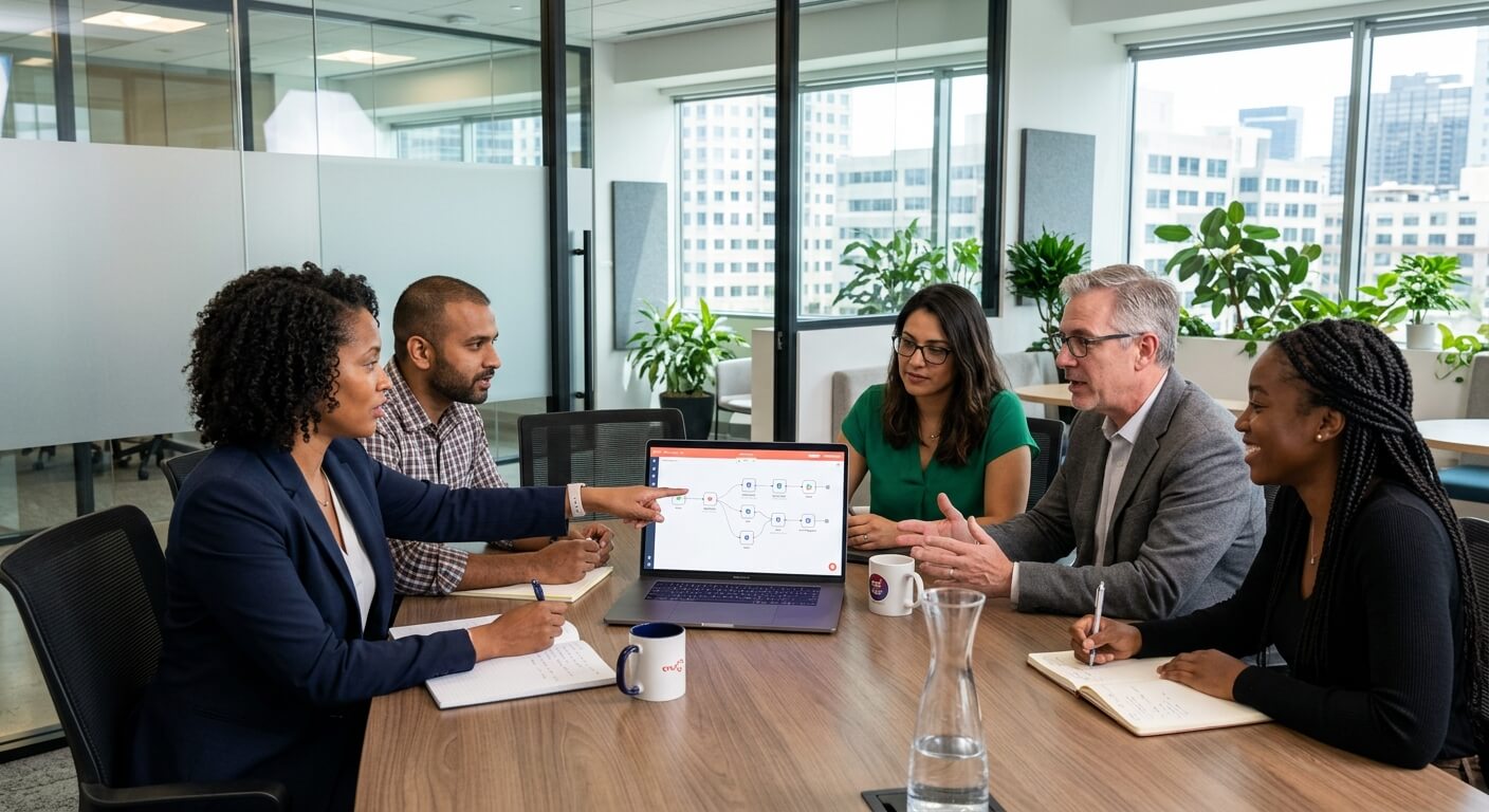 Operations team gathered around a laptop reviewing a workflow automation diagram in a meeting room