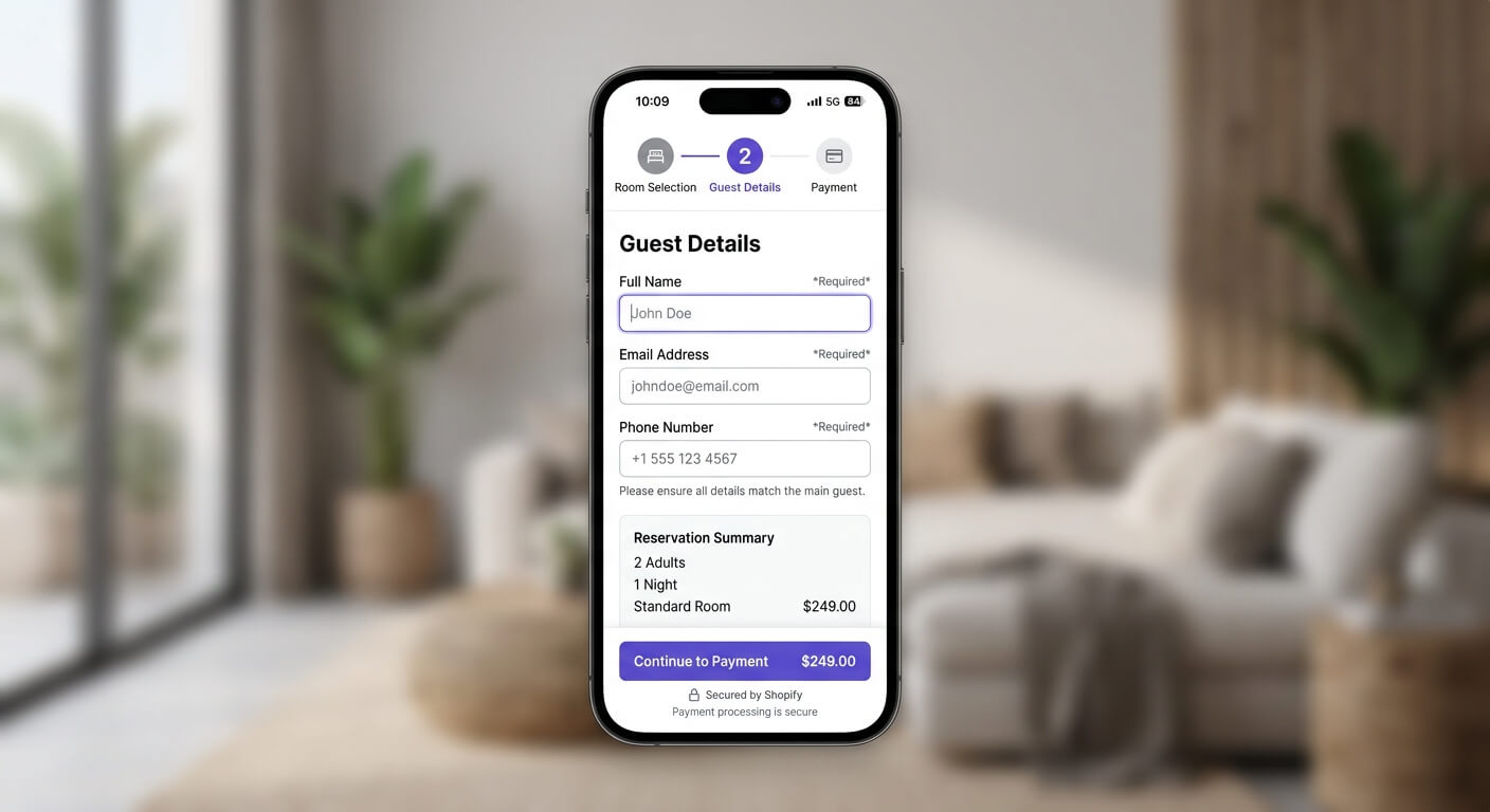 Mobile phone showing a guest details step in a Shopify hotel booking checkout, with a reservation summary and total