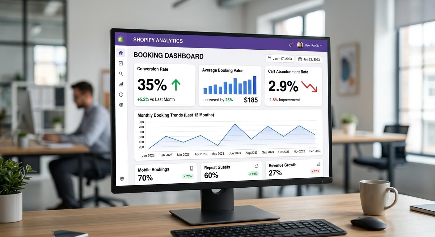 Desktop monitor showing a Shopify analytics dashboard with booking conversion rate, average booking value and monthly trends