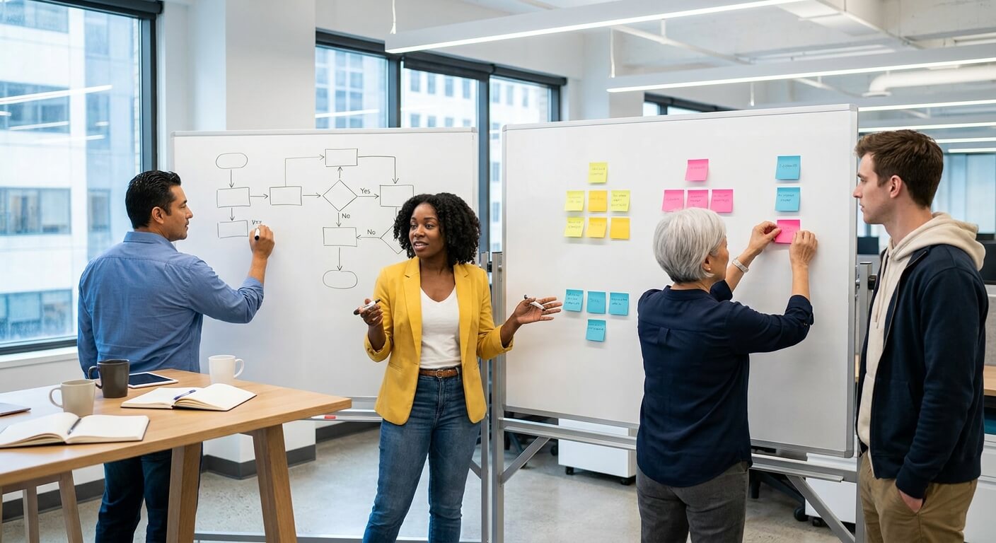 Small business team mapping a workflow on a whiteboard while colleagues organise sticky notes on a second whiteboard