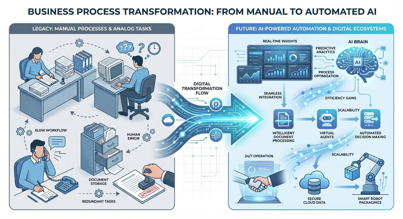 Diagram contrasting legacy manual processes, such as paper filing and slow approvals, with an AI-powered automated ecosystem covering document processing, virtual agents and automated decision-making