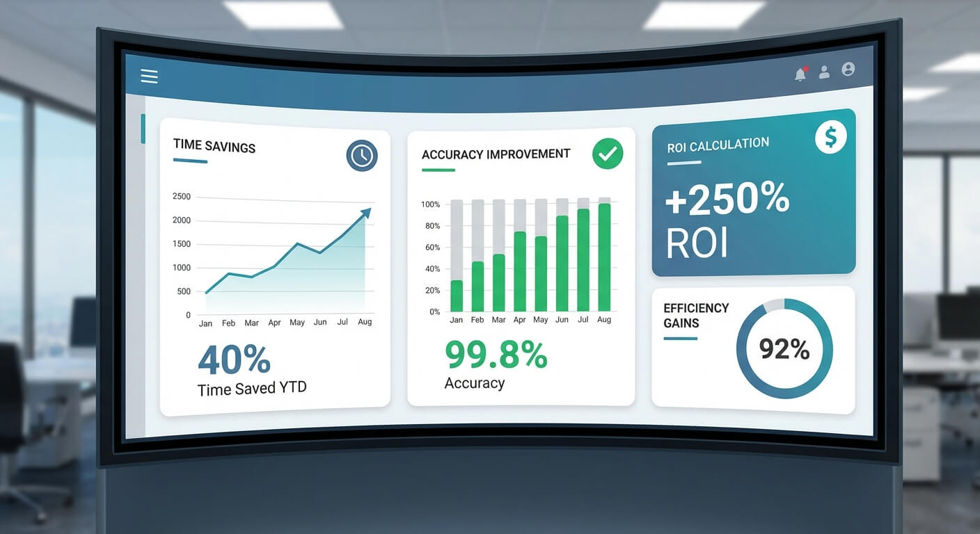 Dashboard displaying automation ROI metrics and time savings analytics