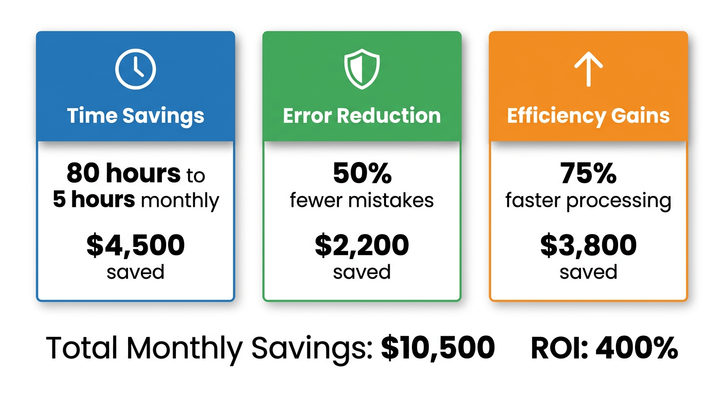 Infographic showing three ROI categories from automation, time savings, error reduction and efficiency gains, each with hours saved and dollars saved, totalling monthly savings and ROI