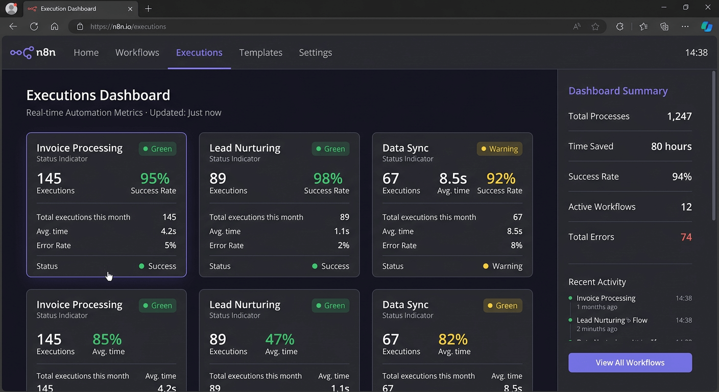 n8n executions dashboard showing total processes, time saved, success rate, active workflows and total errors, with per-workflow execution cards for invoice processing, lead nurturing and data sync