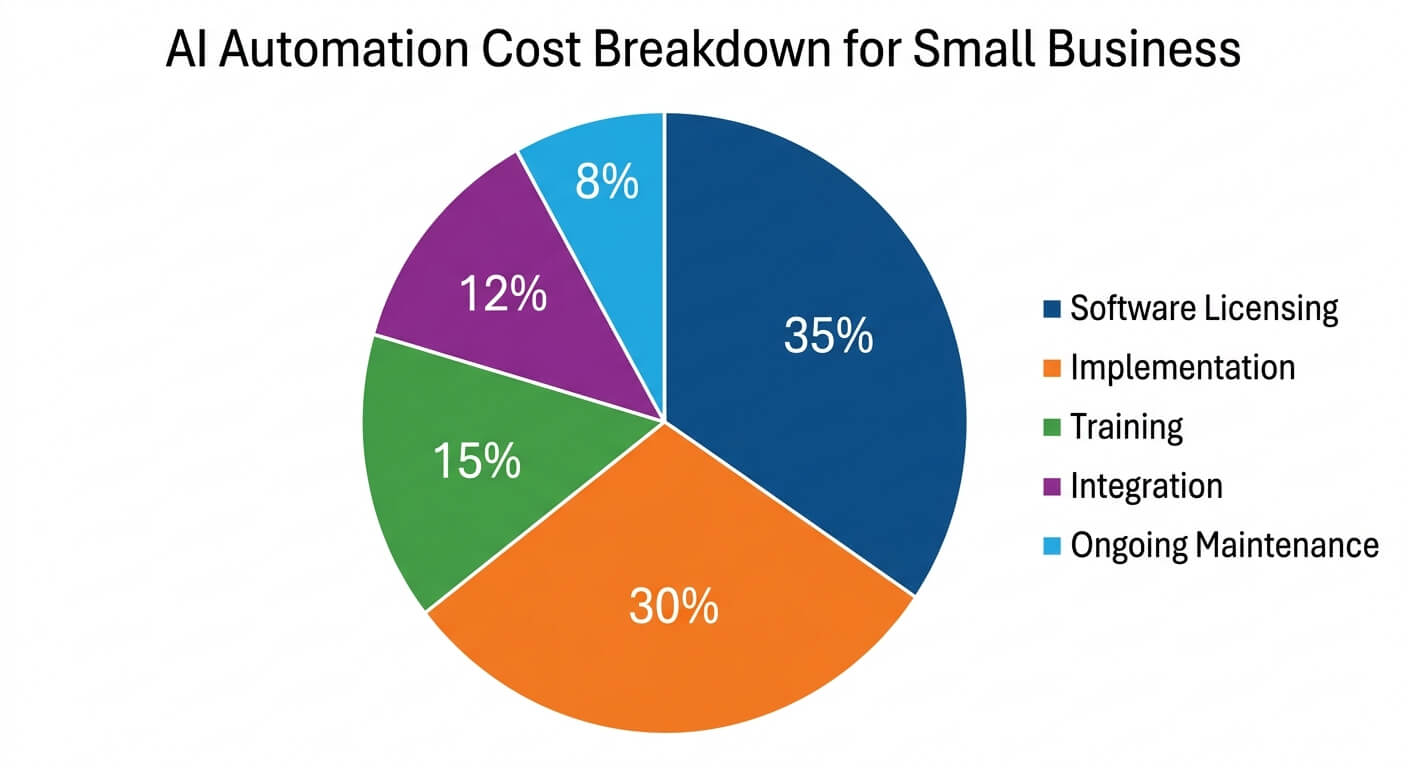 Pie chart breaking down AI automation costs for a small business into software licensing, implementation, training, integration and ongoing maintenance