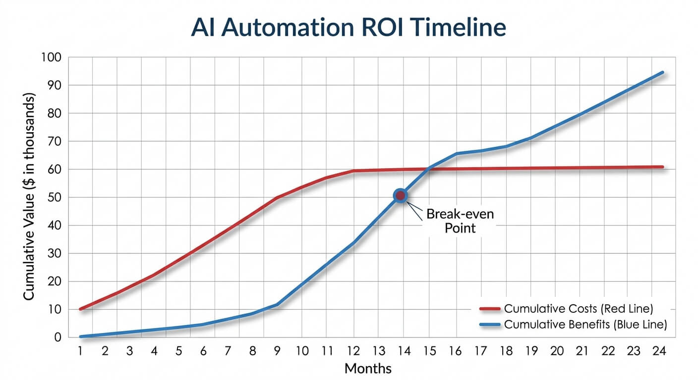 Line chart plotting cumulative AI automation costs against cumulative benefits over 24 months, with the two lines crossing at a break-even point