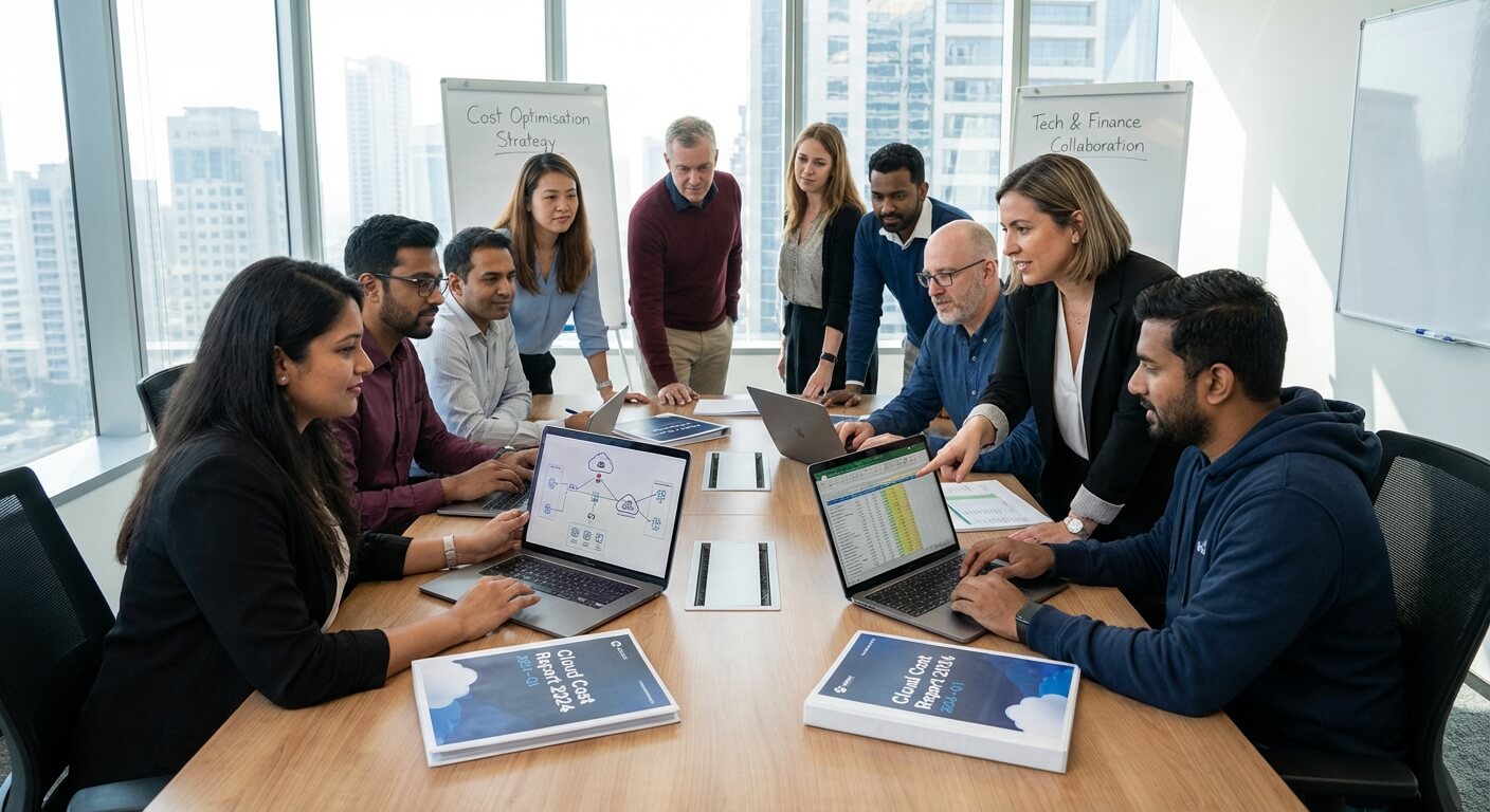 Cross-functional team reviewing cloud cost reports together at a desk, with whiteboards for cost optimisation strategy and tech and finance collaboration in the background
