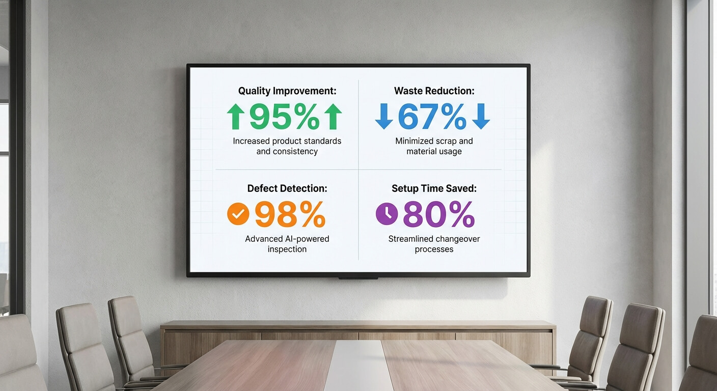 Meeting room screen displaying computer vision results: quality improvement, waste reduction, defect detection and setup time saved
