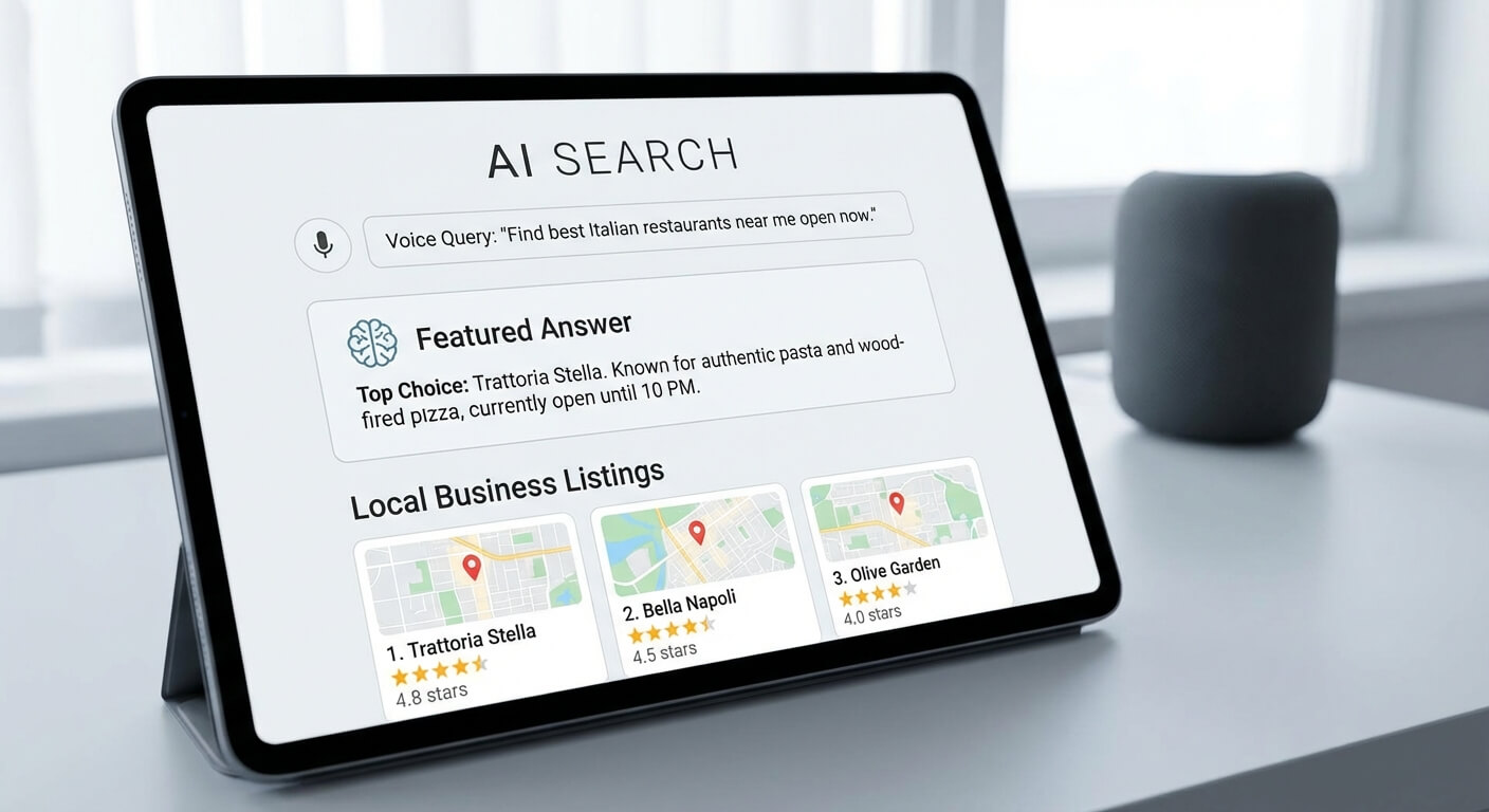 Tablet showing an AI search result for a voice query about nearby Italian restaurants, with a featured answer and local business listings