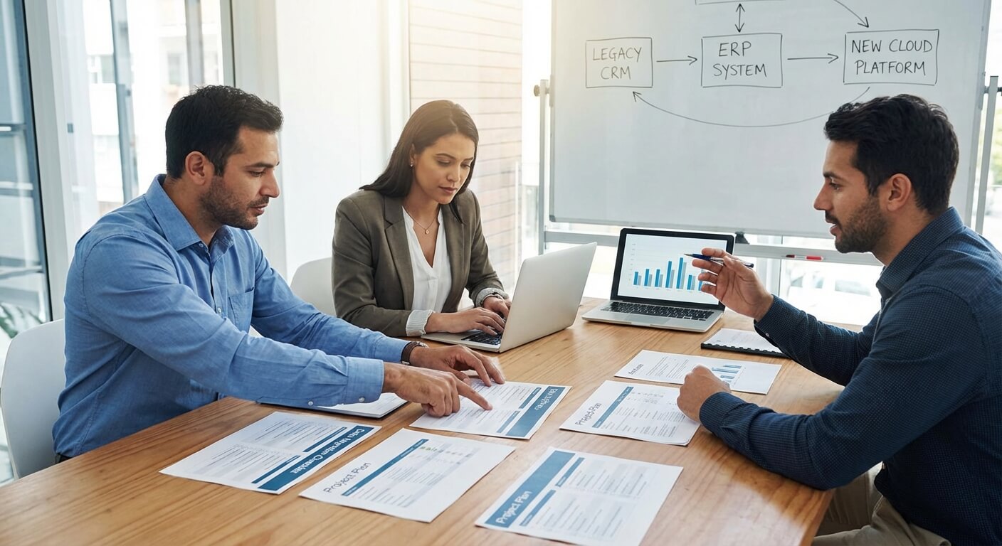 Three colleagues in a meeting discussing a data migration plan, with a whiteboard diagram showing data moving from a legacy CRM through an ERP system to a new cloud platform