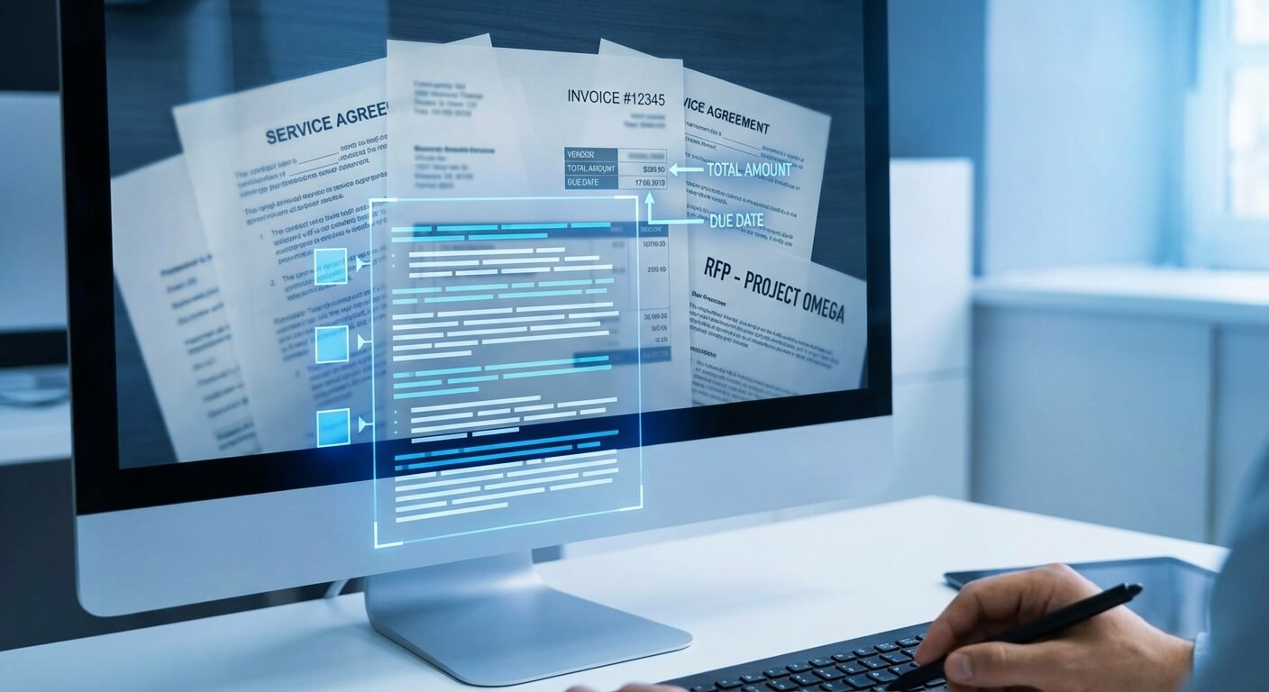 Computer screen with an overlay highlighting extracted fields, such as total amount and due date, across a service agreement, an invoice and an RFP document
