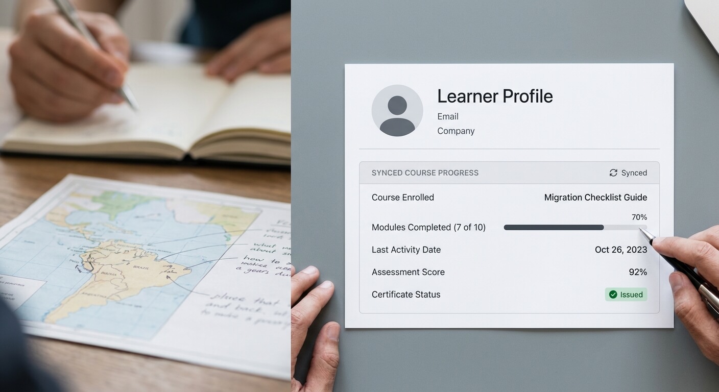 UI mockup of a CRM contact record displaying synced LMS course progress fields