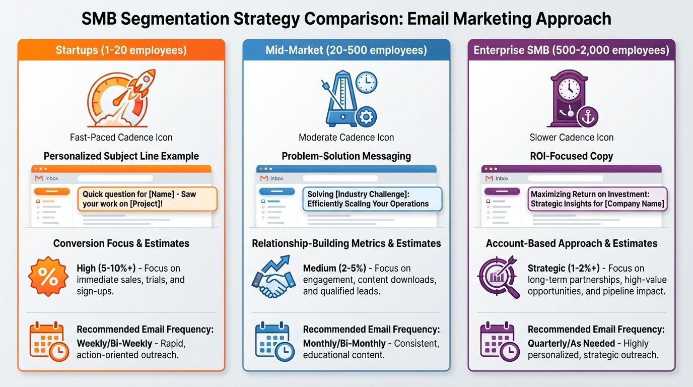 Table comparing email marketing approaches for startups, mid-market and enterprise SMBs, covering cadence, subject line style, conversion focus and recommended send frequency