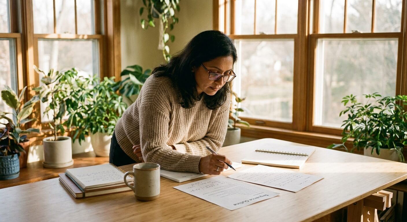 Woman writing notes by hand at a table covered with a notepad and a printed sequence outline, in a plant-filled home workspace