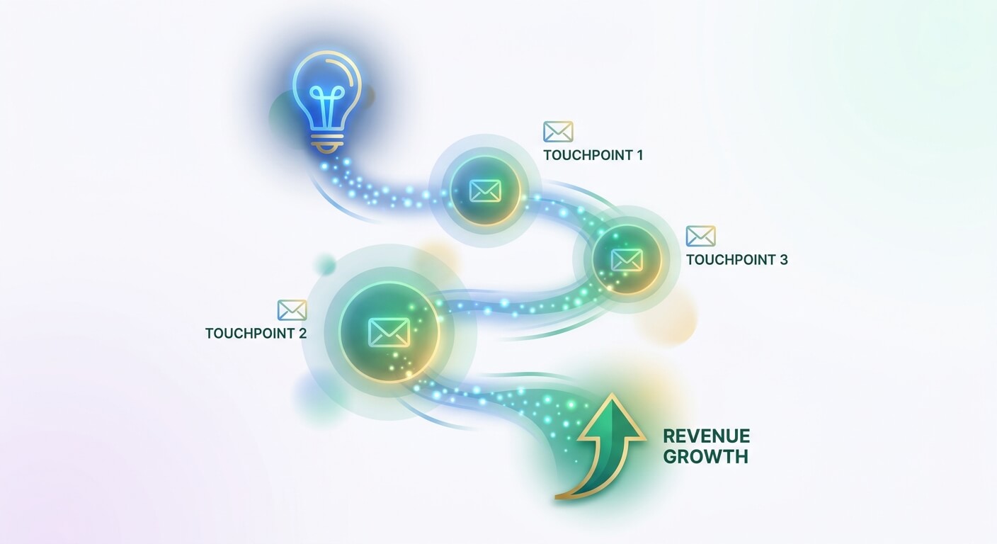 Abstract illustration of a lightbulb connecting through a series of email icons labelled as touchpoints, leading to an arrow marked revenue growth