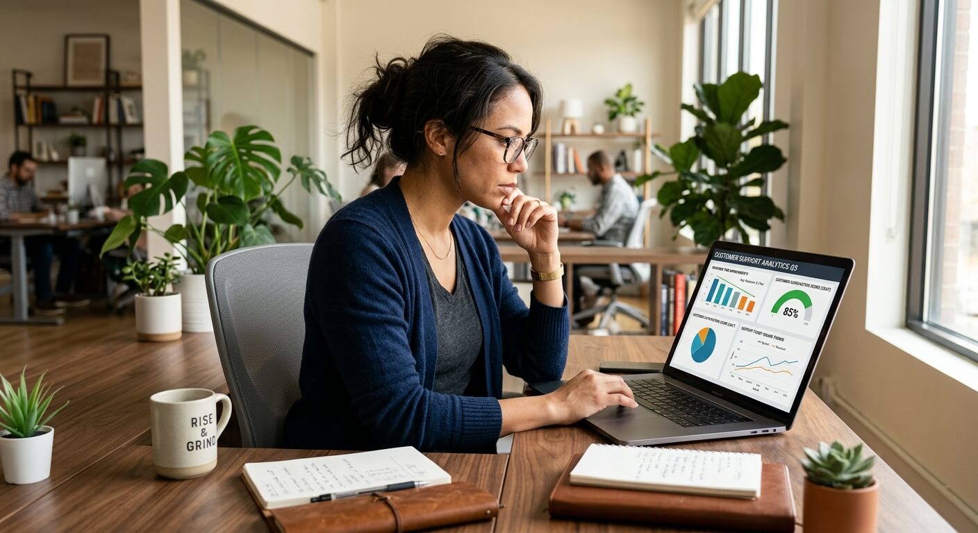 Small business owner analysing AI customer service dashboard metrics on laptop