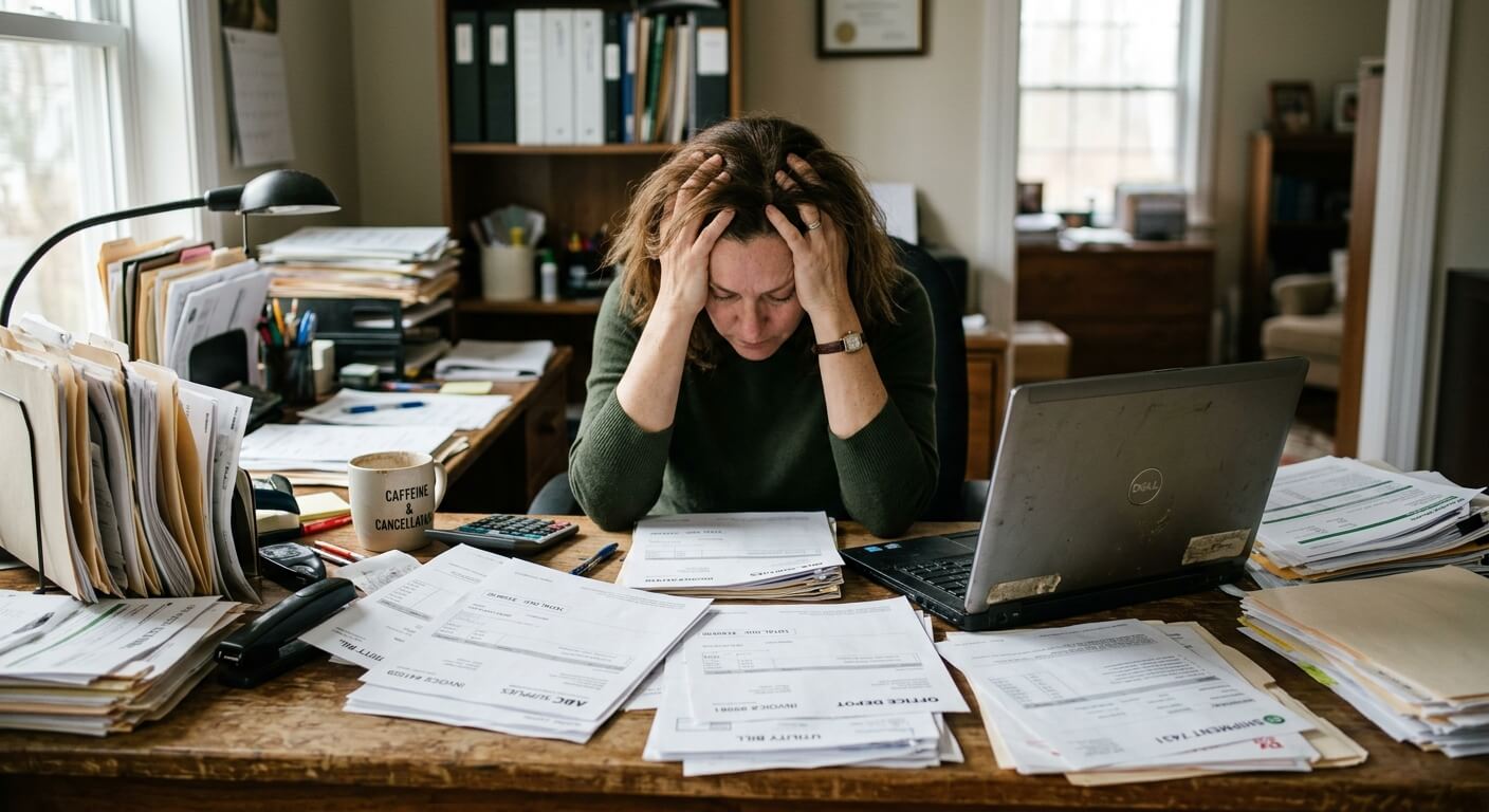 Small business owner overwhelmed by paper invoices and manual data entry tasks