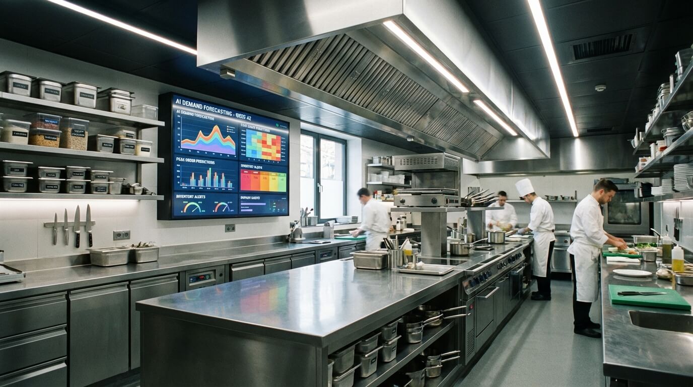 Modern hotel restaurant kitchen with AI inventory management dashboard displaying demand forecasts