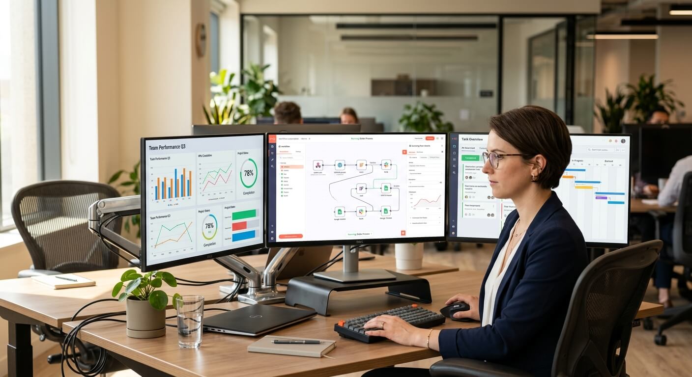Operations manager reviewing AI workflow automation dashboards on multiple computer screens