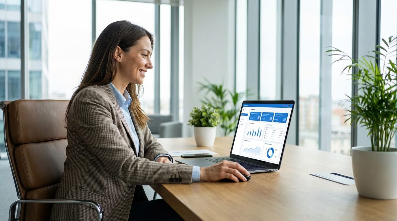 Modern business owner reviewing automated invoicing dashboard on laptop