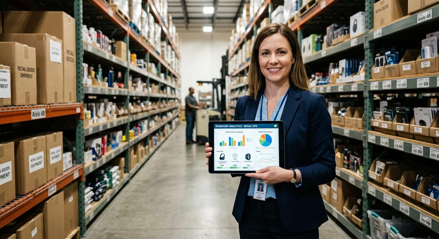 Retail manager reviewing AI-powered inventory analytics on tablet in warehouse