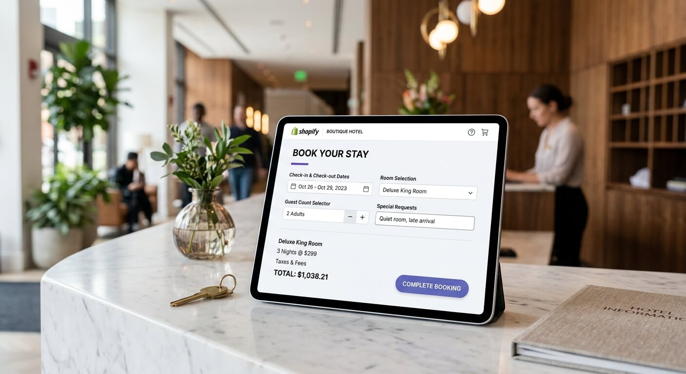 Modern hotel reception desk with tablet displaying Shopify booking interface system