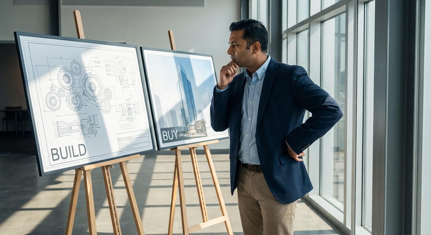 Businessman comparing two paths: building custom tools versus buying existing solutions