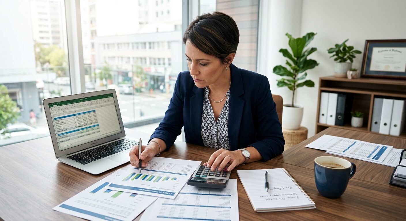 Small business owner analysing AI automation cost breakdown on laptop with calculator and documents