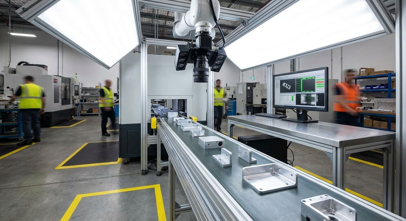 Quality control station with computer vision camera system inspecting metal parts on conveyor belt