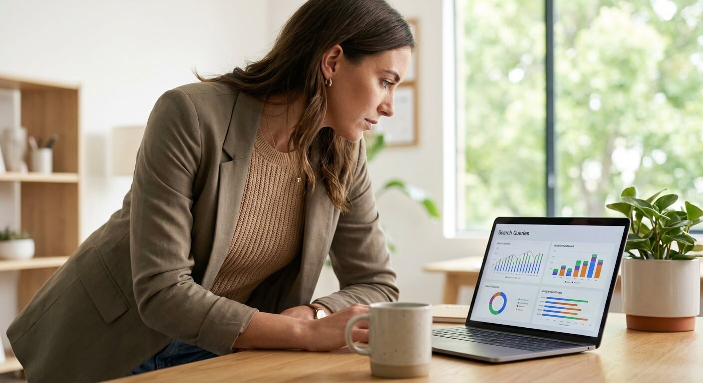 Small business owner analysing conversational search data on laptop screen