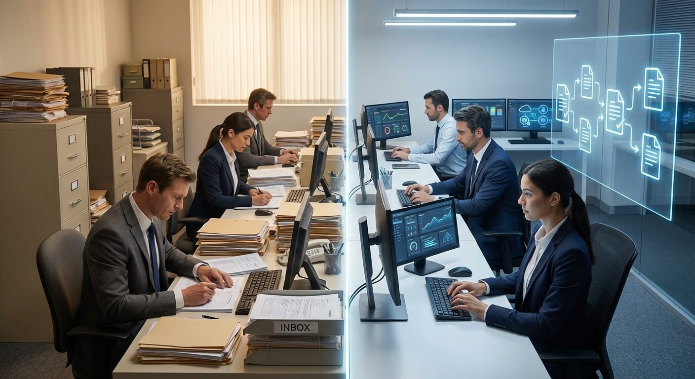 Modern office with automated document processing workflow systems