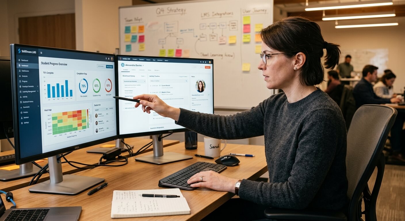 E-learning consultant reviewing integrated LMS and CRM data on dual monitors