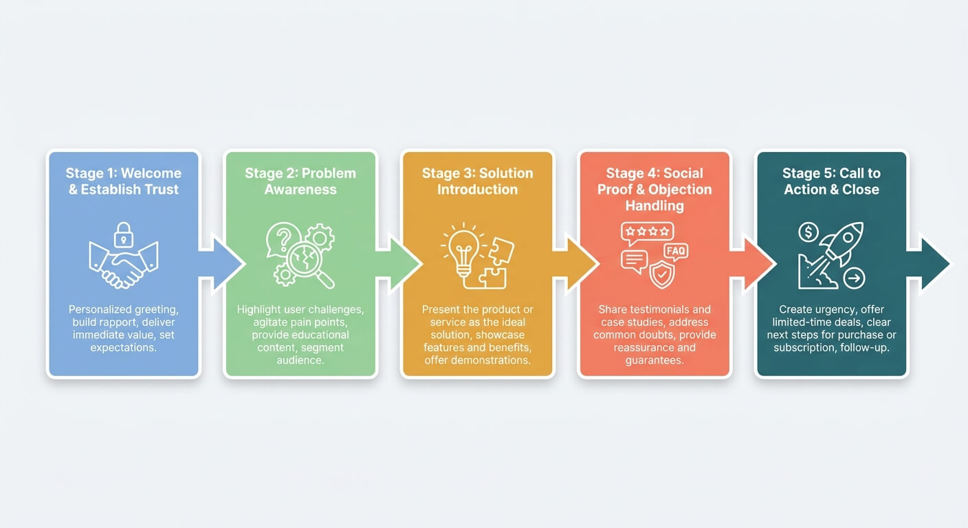 Five-stage email automation funnel showing lead progression from awareness to conversion