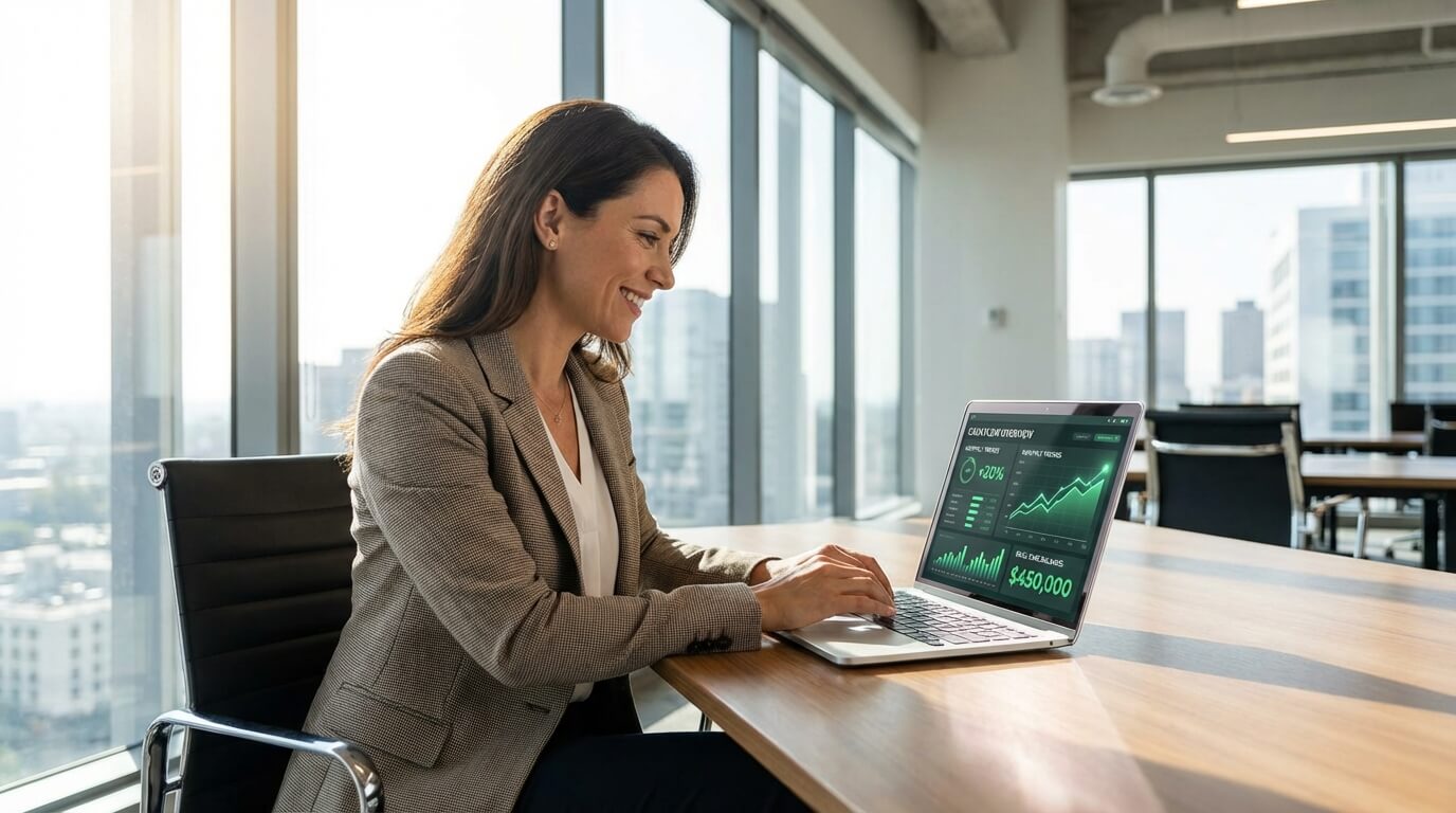 Business owner reviewing real-time cash flow dashboard on laptop screen