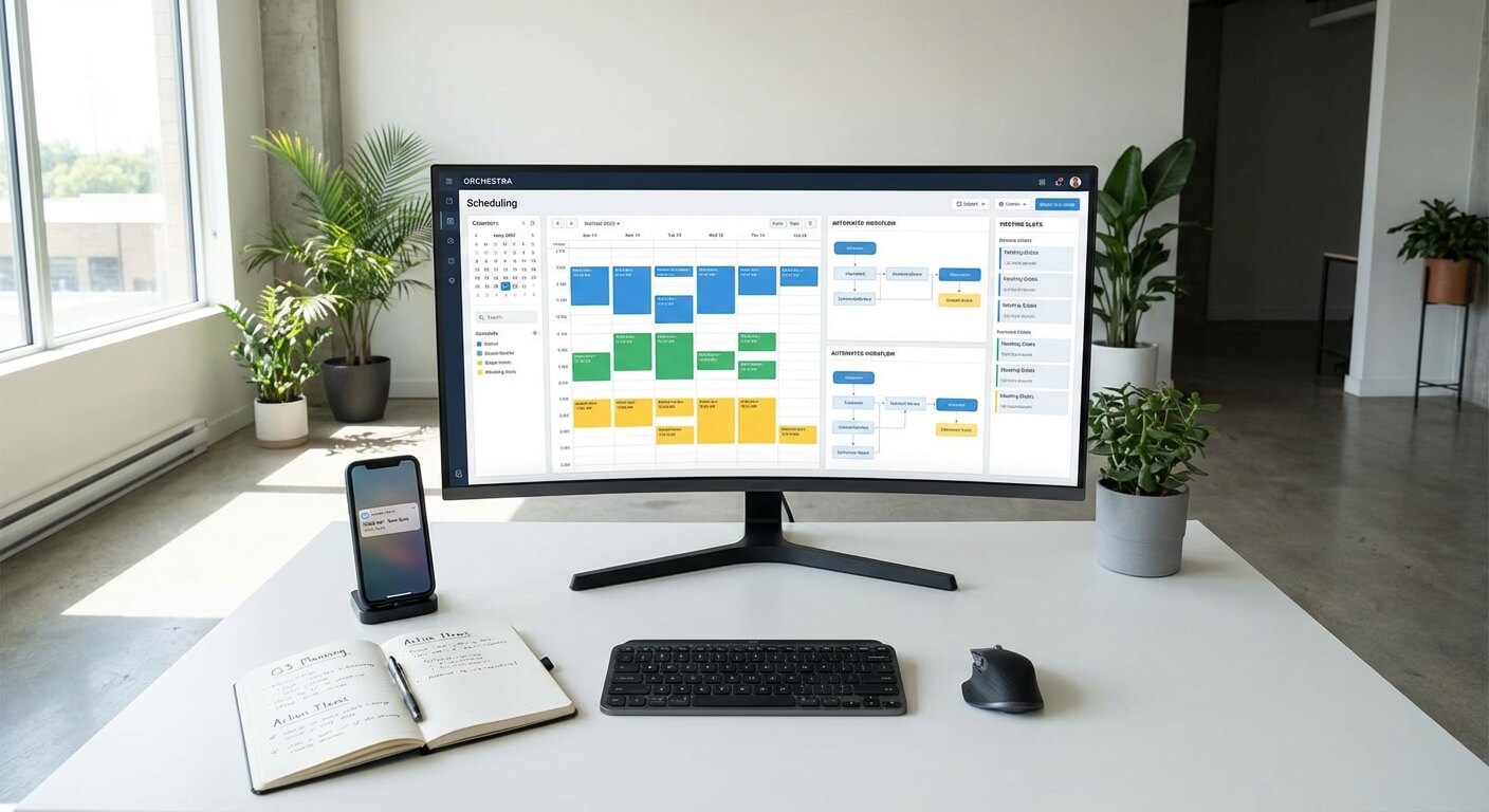 Modern office with automated scheduling dashboard displaying organised calendar workflows