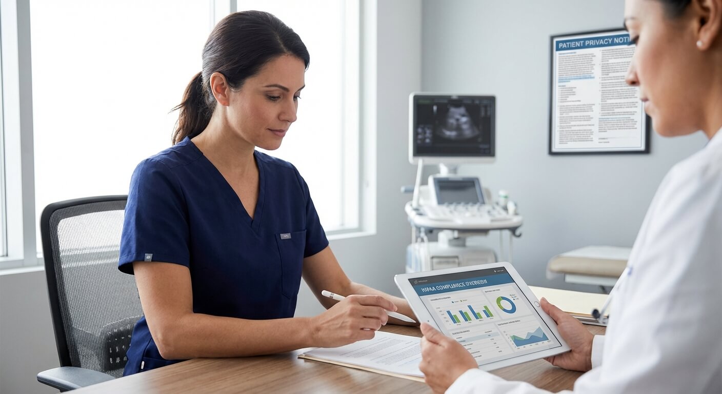 Healthcare professional reviewing AI compliance documentation on tablet